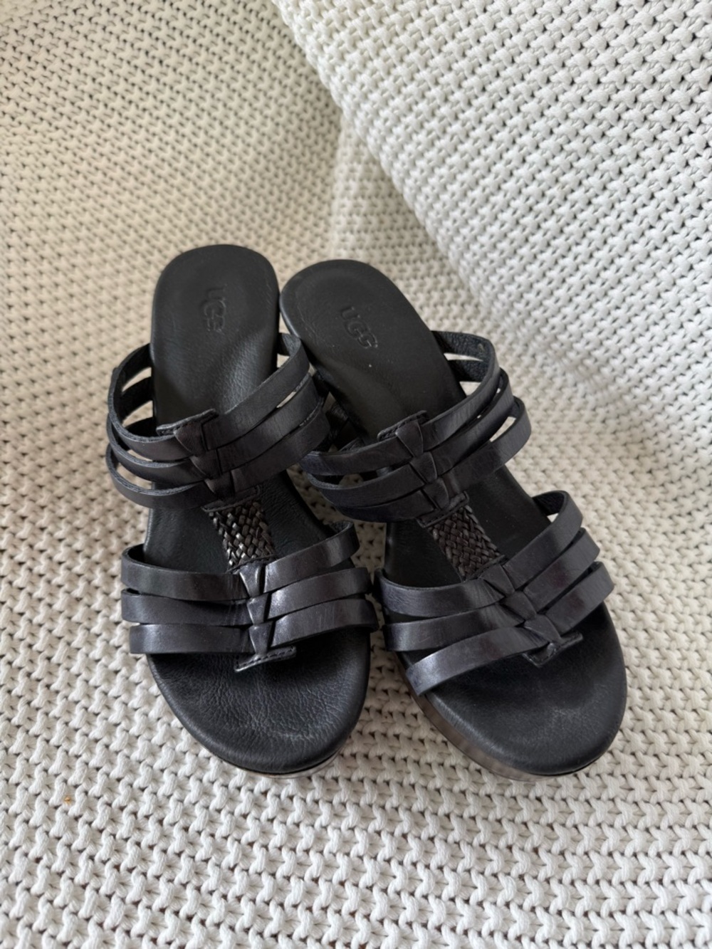 UGG Black Leather Multi-Strap Slide Heels
